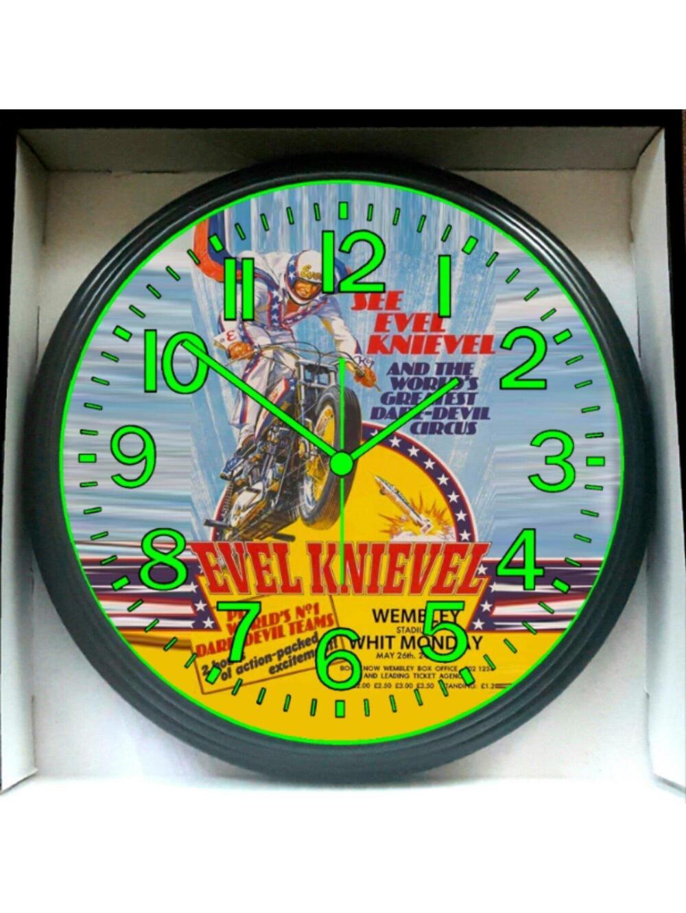 Evel Knievel Motorcycle Garage Shop Motocross Glow In The Dark Wall Clock New!